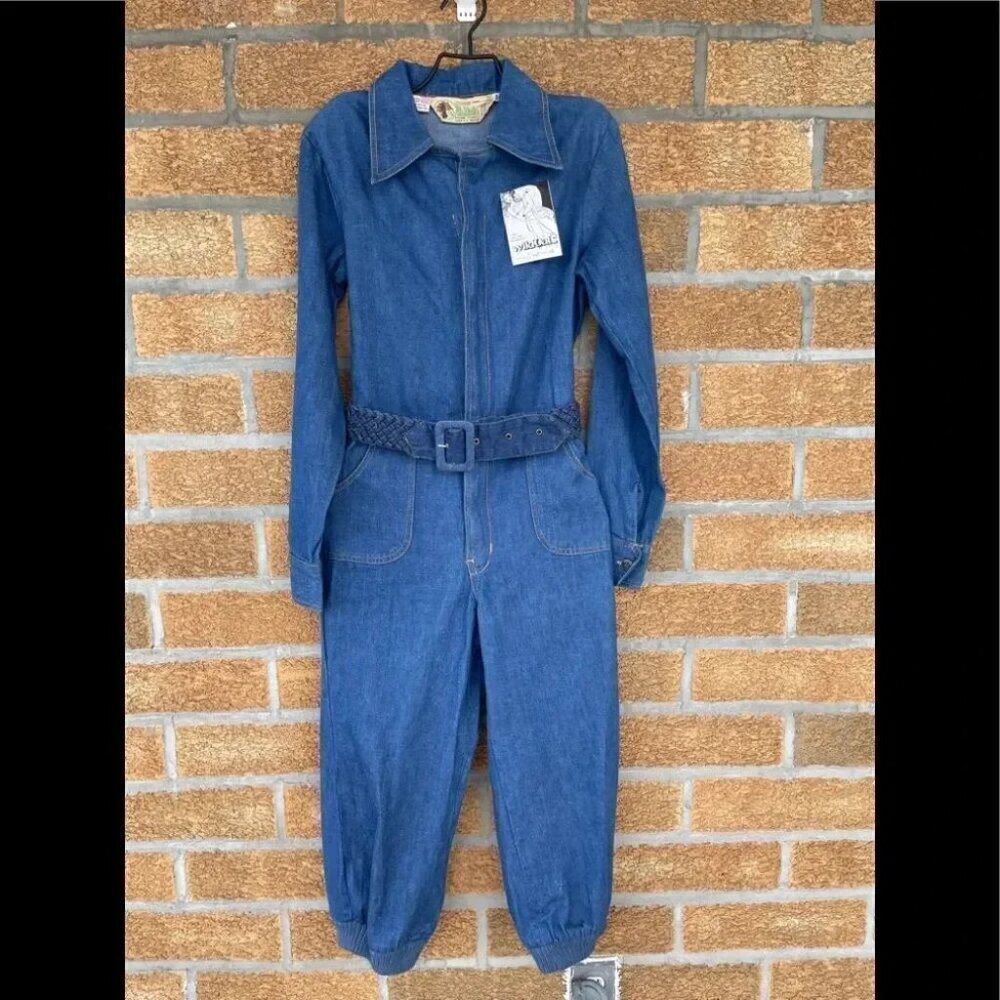 Vintage 70s Wild Oats Denim Jumpsuit NWT Cotton Utility Belted Jogger Size 36